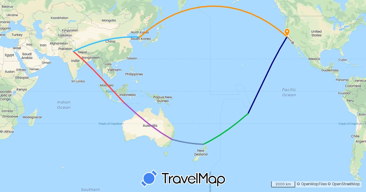 TravelMap itinerary: driving, bus, plane, cycling, train, hiking, boat, hitchhiking in Australia, France, Indonesia, India, South Korea, New Zealand, United States (Asia, Europe, North America, Oceania)